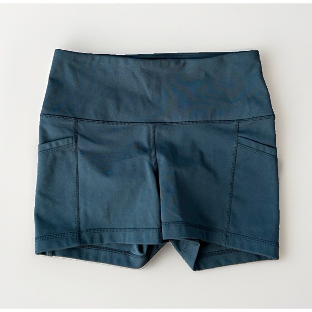 Yogalicious Lux Womens High Waist Biker Shorts Teal Blue Gym Yoga Pockets Size S